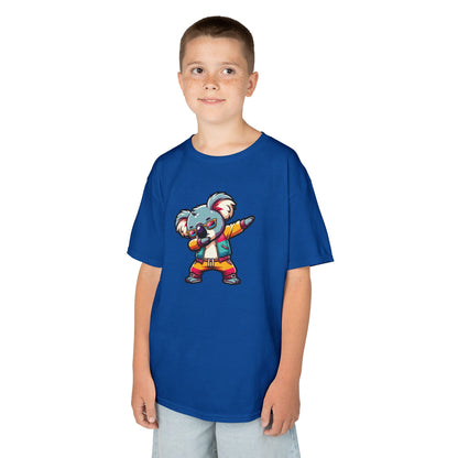 Boy wearing a royal blue "Dabbing Koala" kids T-shirt with a cartoon koala in a dabbing pose. Part of the Vivid Divergence Sensory Friendly Kids Shirts Range. The perfect T-shirt for sensory-sensitive kids and comes with a Sensory Satisfaction Promise.