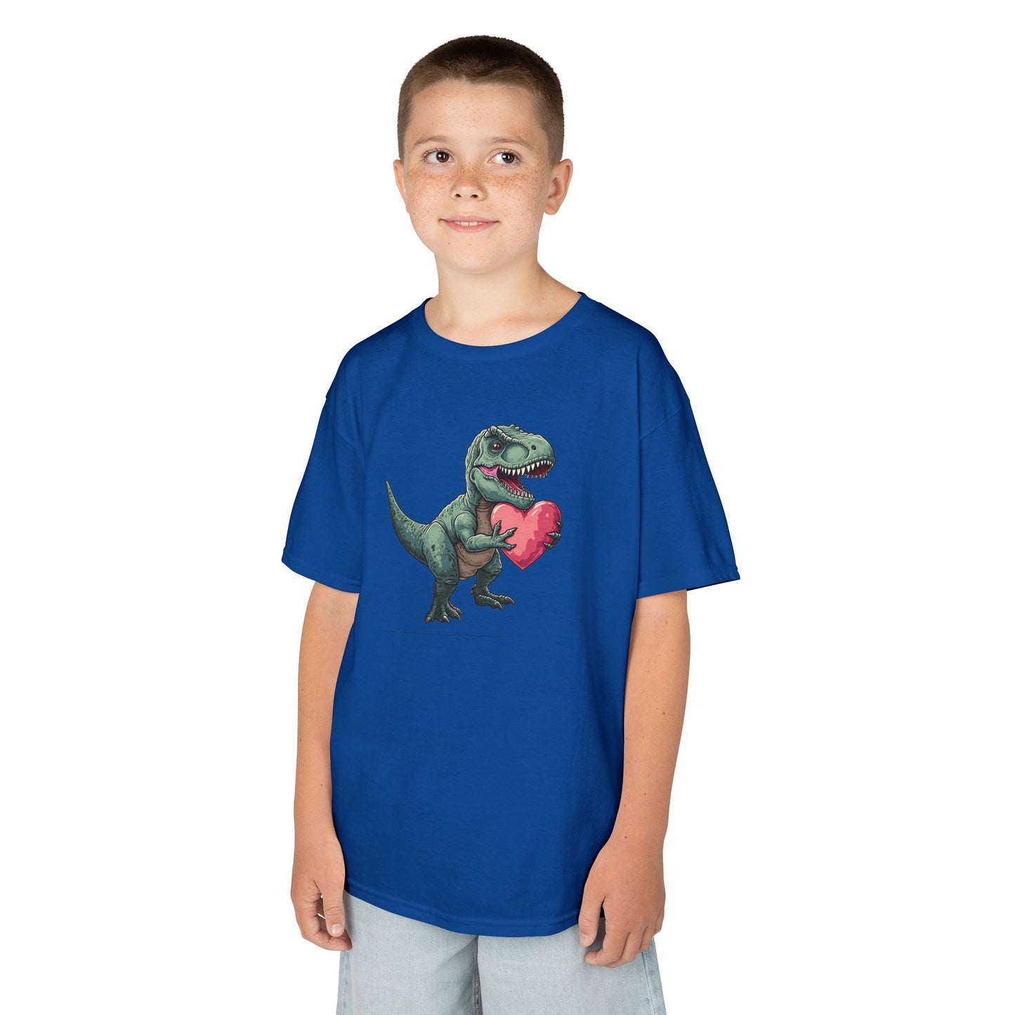 Boy wearing a royal blue T-Rex Love kids T-shirt with a cartoon dinosaur holding a heart. Part of the Vivid Divergence Sensory Friendly Kids Shirts Range. The perfect T-shirt for sensory-sensitive kids and comes with a Sensory Satisfaction Promise.