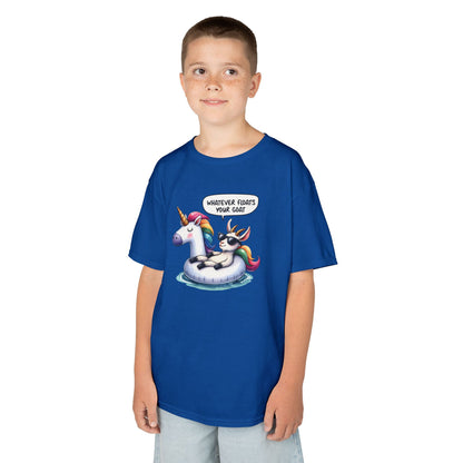 Boy wearing a royal blue "Whatever Floats Your Goat" kids T-shirt with a cartoon goat floating on a unicorn pool float. Part of the Vivid Divergence Sensory Friendly Kids Shirts Range. The perfect T-shirt for sensory-sensitive kids and comes with a Sensory Satisfaction Promise.