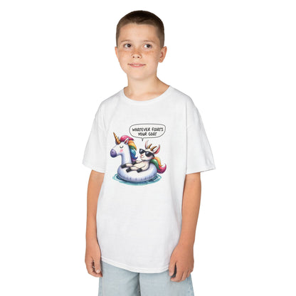 Boy wearing a white "Whatever Floats Your Goat" kids T-shirt with a cartoon goat floating on a unicorn pool float. Part of the Vivid Divergence Sensory Friendly Kids Shirts Range. The perfect T-shirt for sensory-sensitive kids and comes with a Sensory Satisfaction Promise.