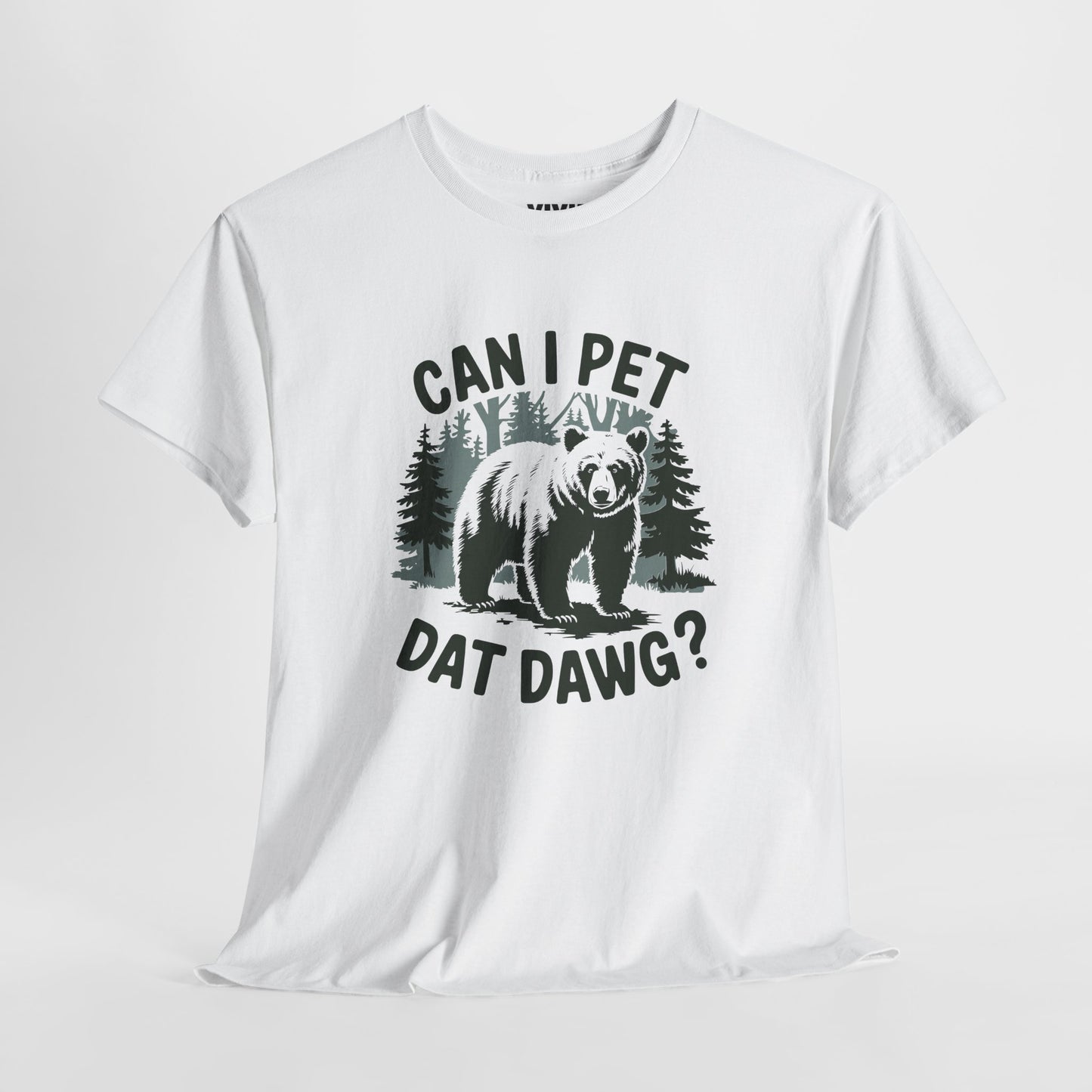 Angled view of white T-shirt showing graphic with trees and dog silhouette. Text reads “CAN I PET DAT DAWG?” in all caps. Part of the Vivid Divergence Memewear Collection!
