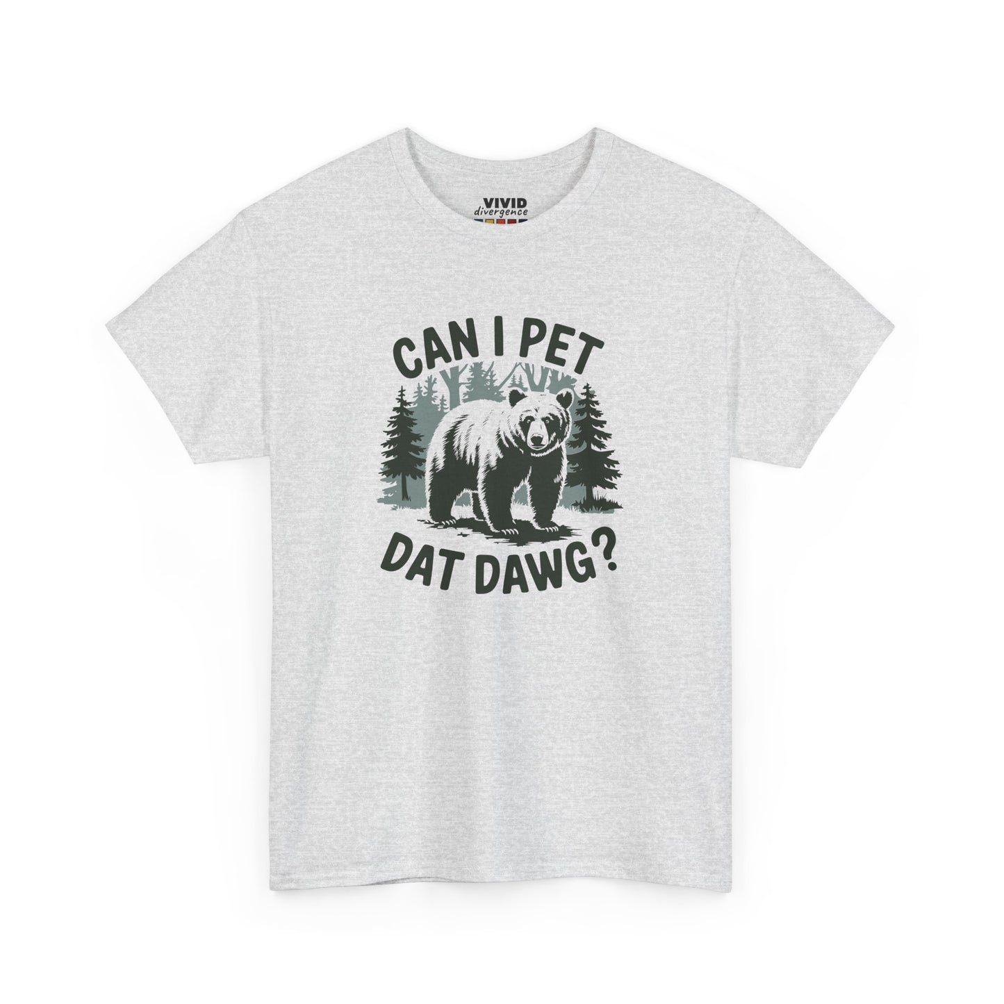 Flat lay of light grey meme T-shirt with forest scene and "CAN I PET DAT DAWG?" text. Outdoorsy energy meets internet humor. Part of the Vivid Divergence Memewear Collection!
