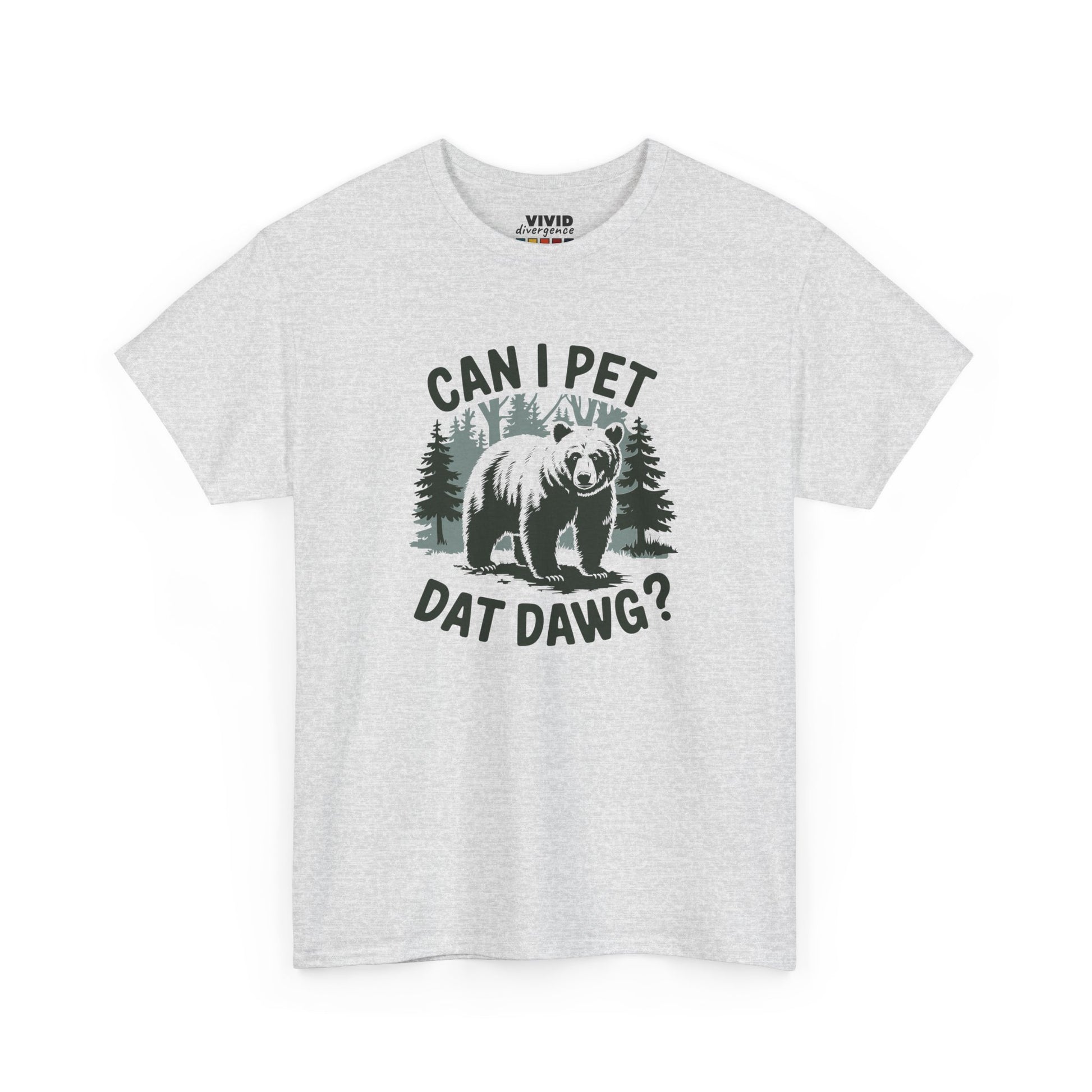 Flat lay of light grey meme T-shirt with forest scene and "CAN I PET DAT DAWG?" text. Outdoorsy energy meets internet humor. Part of the Vivid Divergence Memewear Collection!
