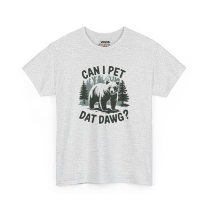 Flat lay of light grey meme T-shirt with forest scene and "CAN I PET DAT DAWG?" text. Outdoorsy energy meets internet humor. Part of the Vivid Divergence Memewear Collection!
