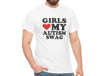 Close-up of a person wearing a white T-shirt with the text "Girls Love My Autism Swag" featuring a red heart design. Part of the Vivid Divergence Sensory Friendly Unisex Tees Range.