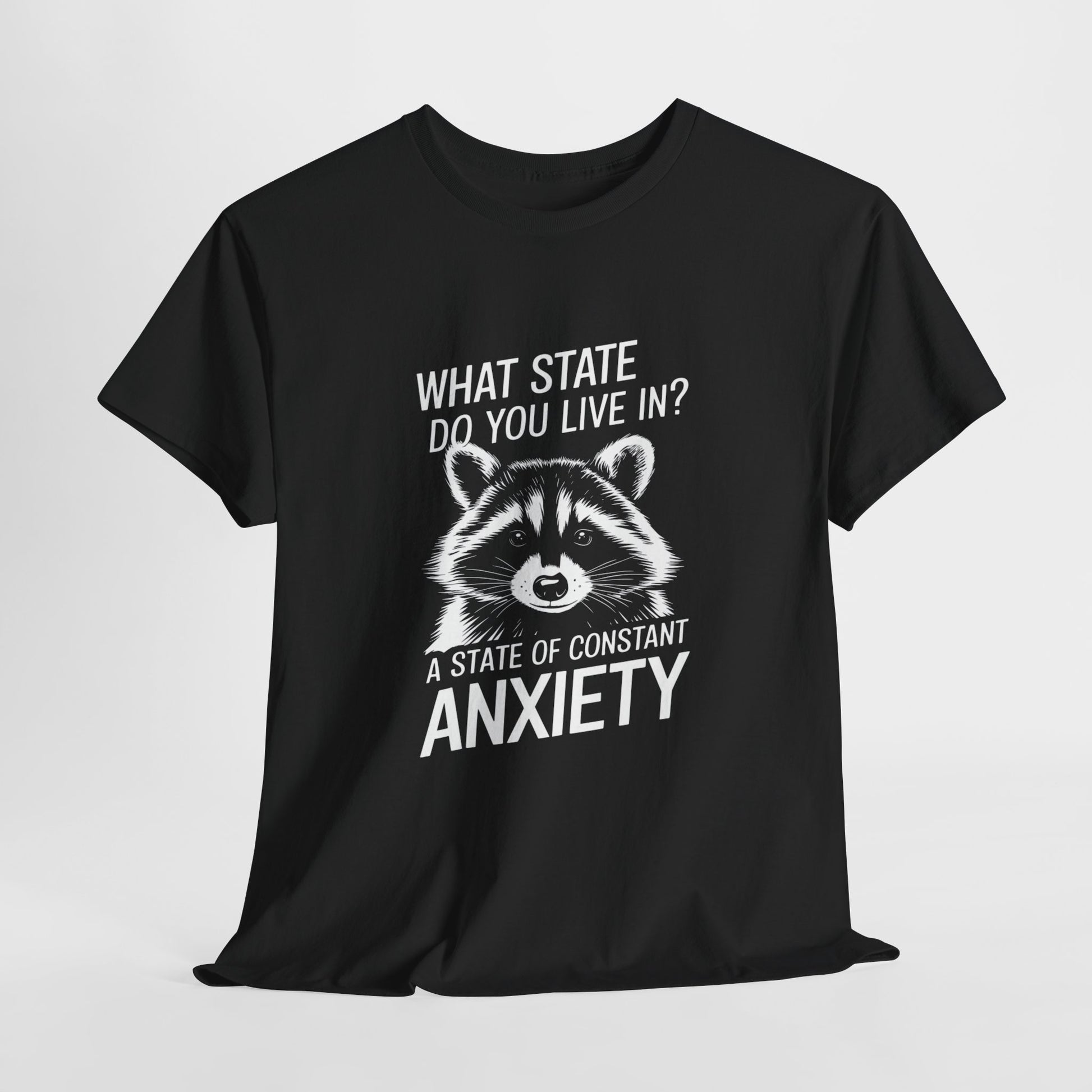 Hanging black T-shirt with a white raccoon graphic and the text "What state do you live in? A constant state of anxiety." Part of the Vivid Divergence Sensory Friendly Unisex Tees Range.