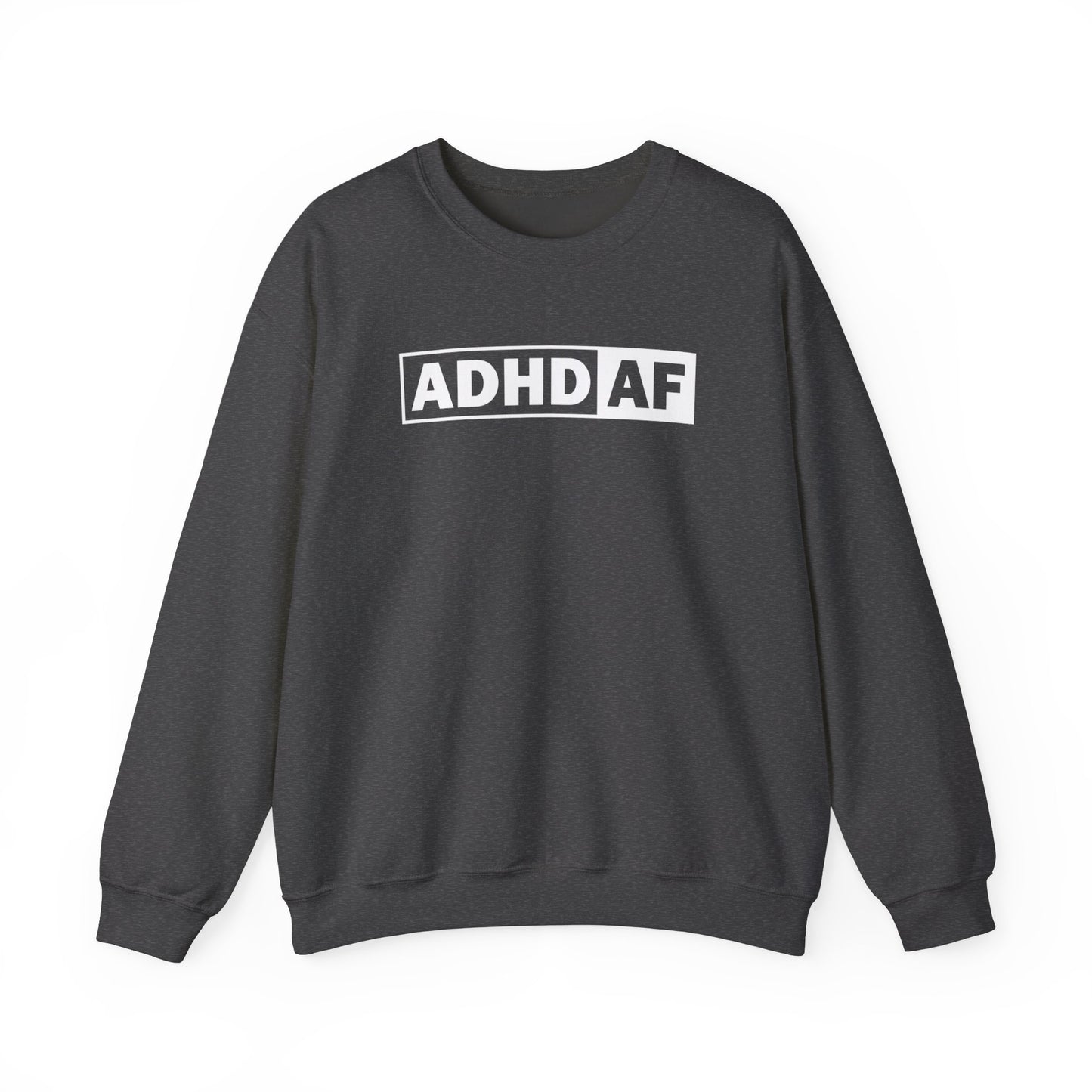 Flat-lay of a dark gray sweater jumper with "ADHD AF" text in bold white lettering. Part of the Vivid Divergence Sensory Friendly Unisex Sweater Jumper Range.