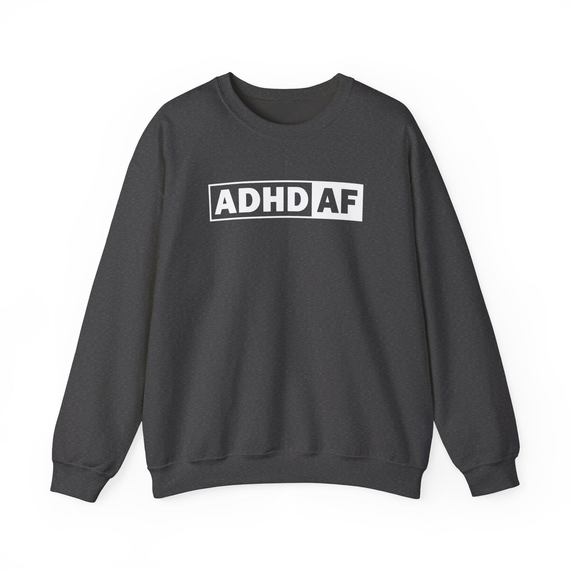 Flat-lay of a dark gray sweater jumper with "ADHD AF" text in bold white lettering. Part of the Vivid Divergence Sensory Friendly Unisex Sweater Jumper Range.
