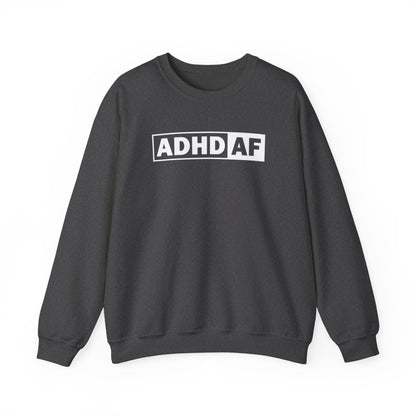 Flat-lay of a dark gray sweater jumper with "ADHD AF" text in bold white lettering. Part of the Vivid Divergence Sensory Friendly Unisex Sweater Jumper Range.