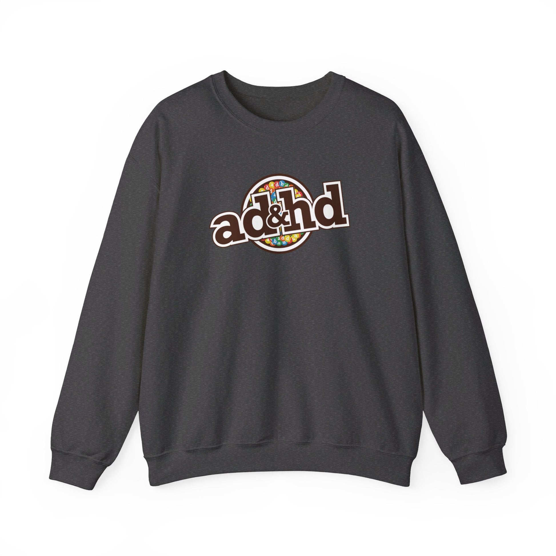 Flat-lay of a dark gray sweater jumper with an "ADHD" m&m brand parody design in brown and yellow tones. Part of the Vivid Divergence Sensory Friendly Unisex Sweater Jumper Range.