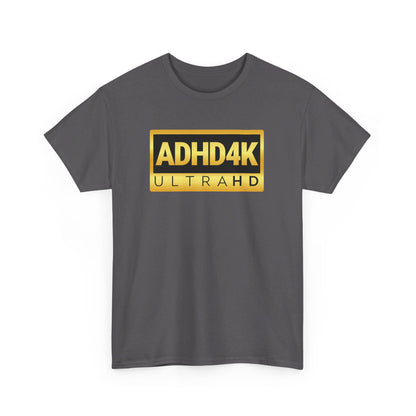 Front view of a dark gray ADHD4K UltraHD T-shirt with yellow and white text. Part of the Vivid Divergence Sensory Friendly Unisex Tees Range.