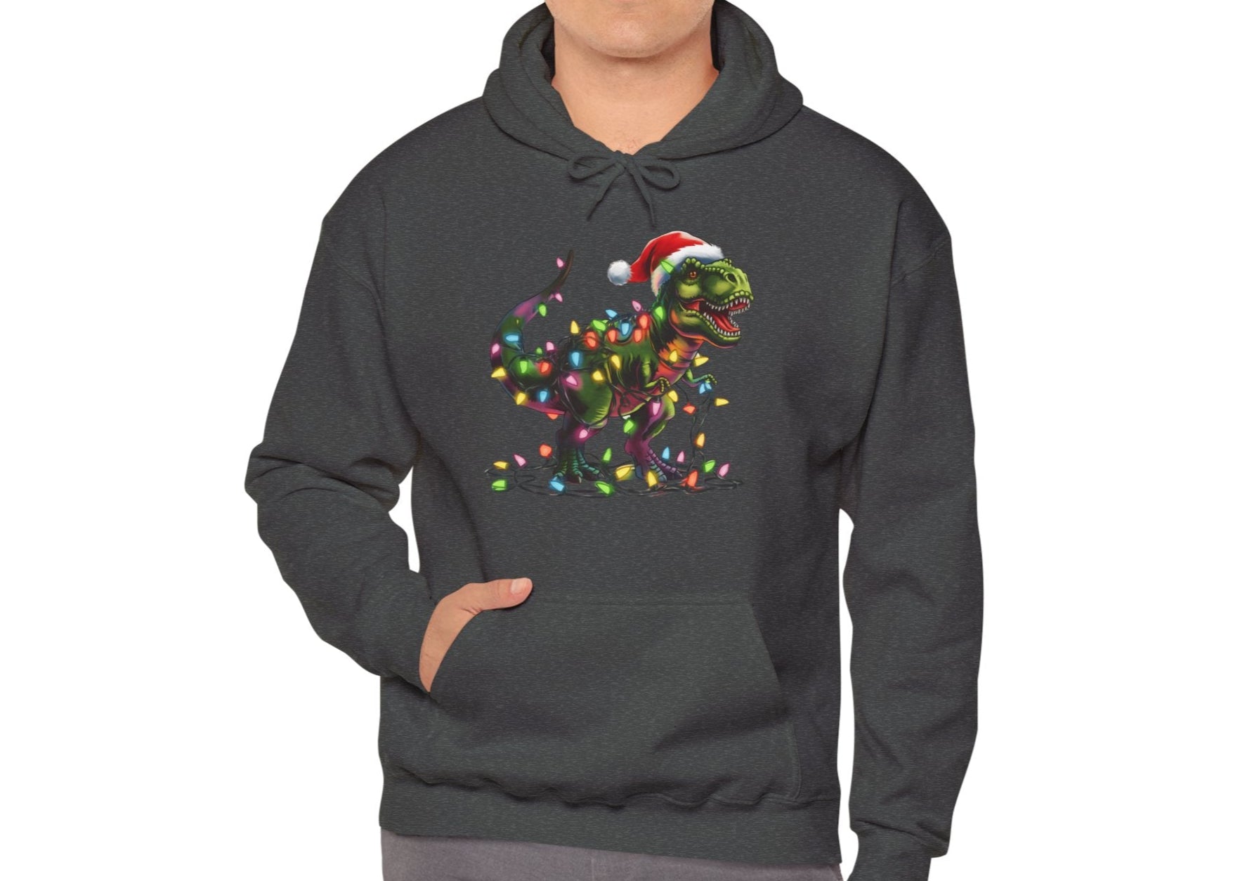 Model wearing a dark gray hoodie featuring a holiday T-Rex wrapped in Christmas lights with a Santa hat. Part of the Vivid Divergence Sensory Friendly Hoodie Range.