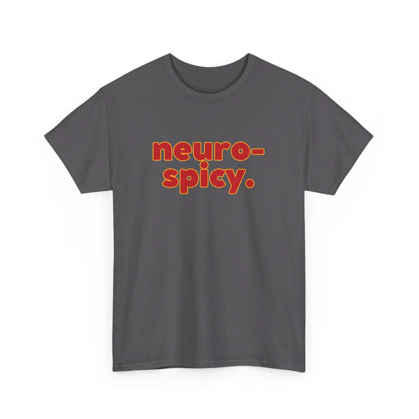 Front view of a dark grey T-shirt with the text "Neuro-Spicy" in retro-style lettering. Part of the Vivid Divergence Sensory Friendly Unisex Tees Range.