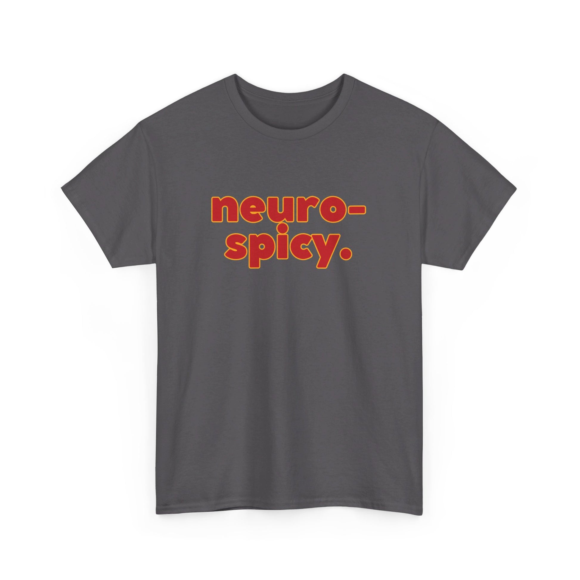 Front view of a dark grey T-shirt with the text "Neuro-Spicy" in retro-style lettering. Part of the Vivid Divergence Sensory Friendly Unisex Tees Range.