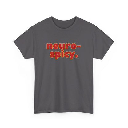 Front view of a dark grey T-shirt with the text "Neuro-Spicy" in retro-style lettering. Part of the Vivid Divergence Sensory Friendly Unisex Tees Range.