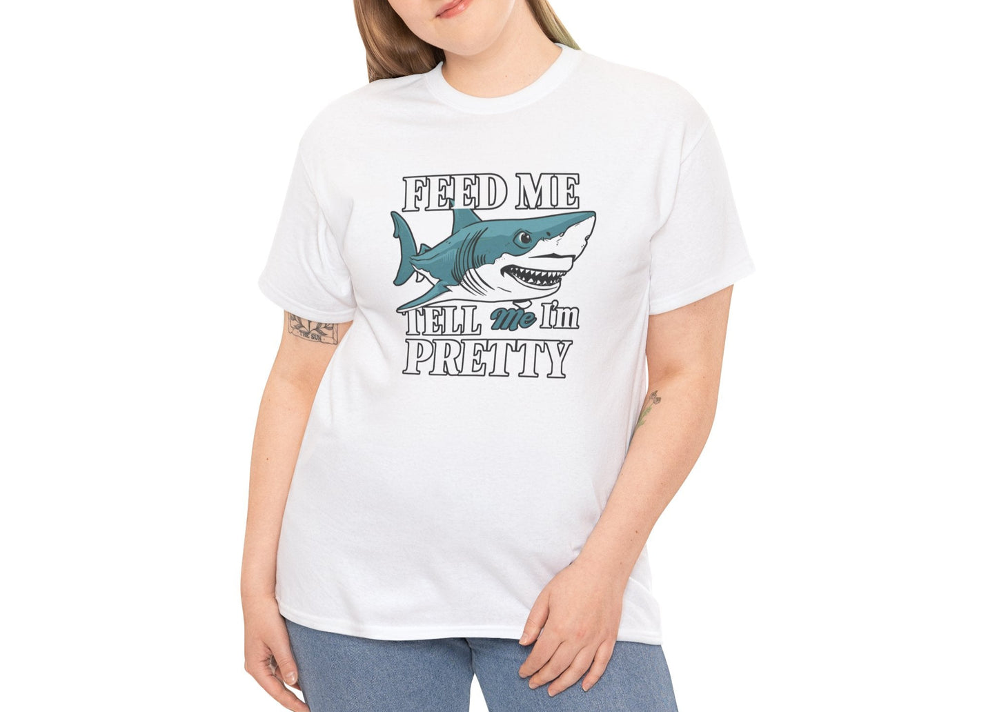 Modeled view of meme T-shirt with illustrated shark and dramatic typography. For people with snack cravings and emotional needs. Part of the Vivid Divergence Memewear Collection!
