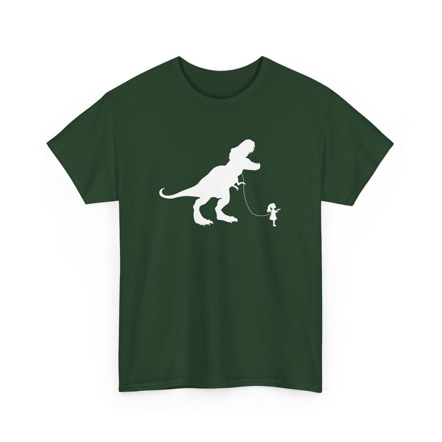 Front view of a forest green T-shirt featuring a white silhouette of a girl walking a T-Rex on a leash. Part of the Vivid Divergence Sensory Friendly Unisex Tees Range.