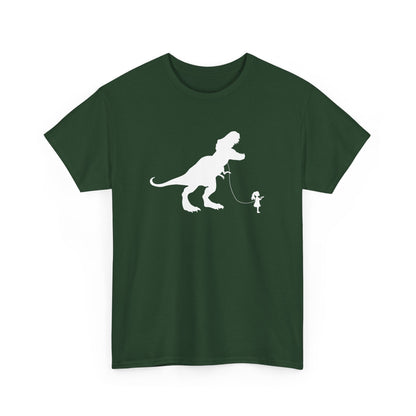 Front view of a forest green T-shirt featuring a white silhouette of a girl walking a T-Rex on a leash. Part of the Vivid Divergence Sensory Friendly Unisex Tees Range.