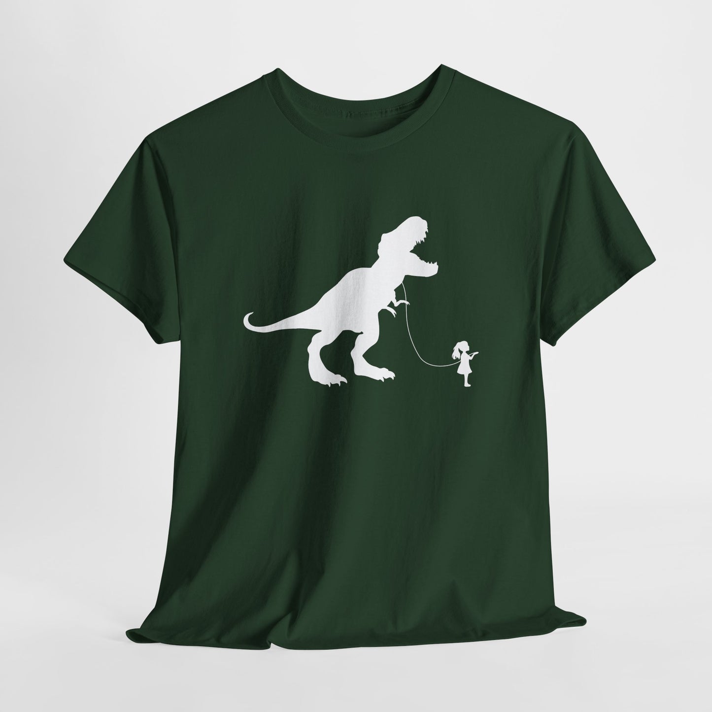 Hanging forest green T-shirt featuring a white silhouette of a girl walking a T-Rex on a leash. Part of the Vivid Divergence Sensory Friendly Unisex Tees Range.