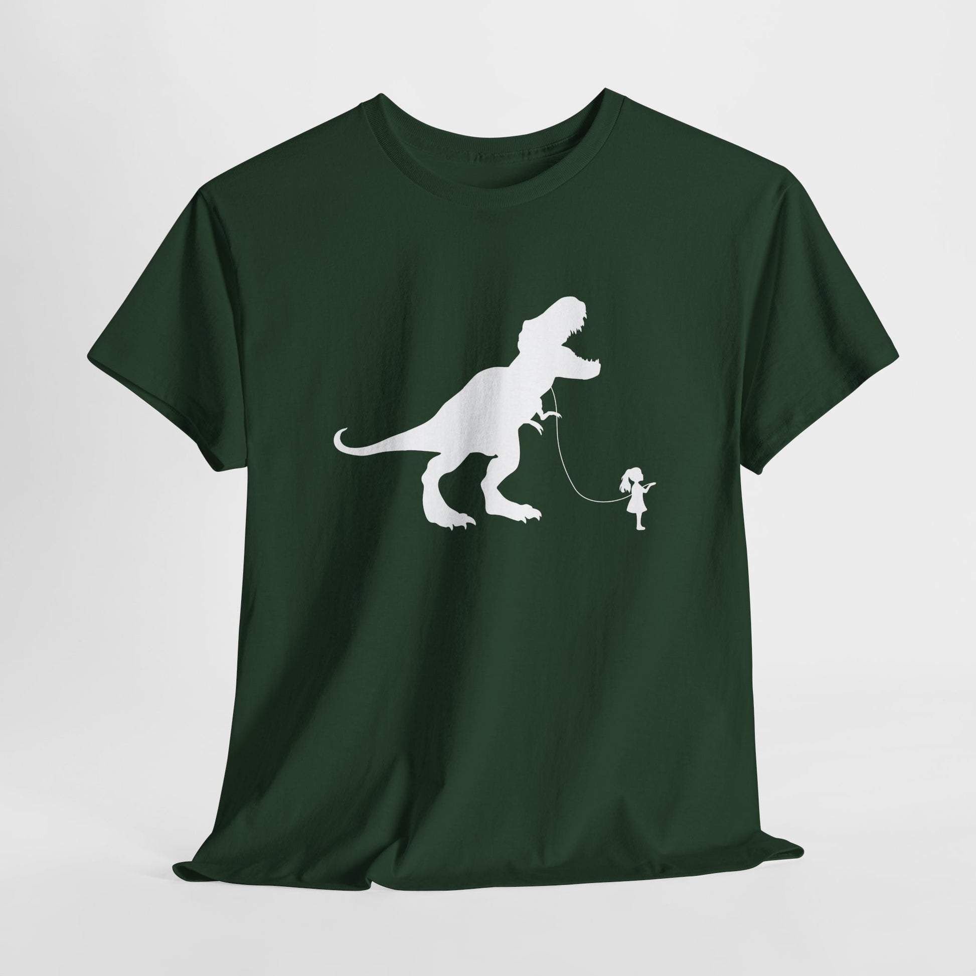 Hanging forest green T-shirt featuring a white silhouette of a girl walking a T-Rex on a leash. Part of the Vivid Divergence Sensory Friendly Unisex Tees Range.