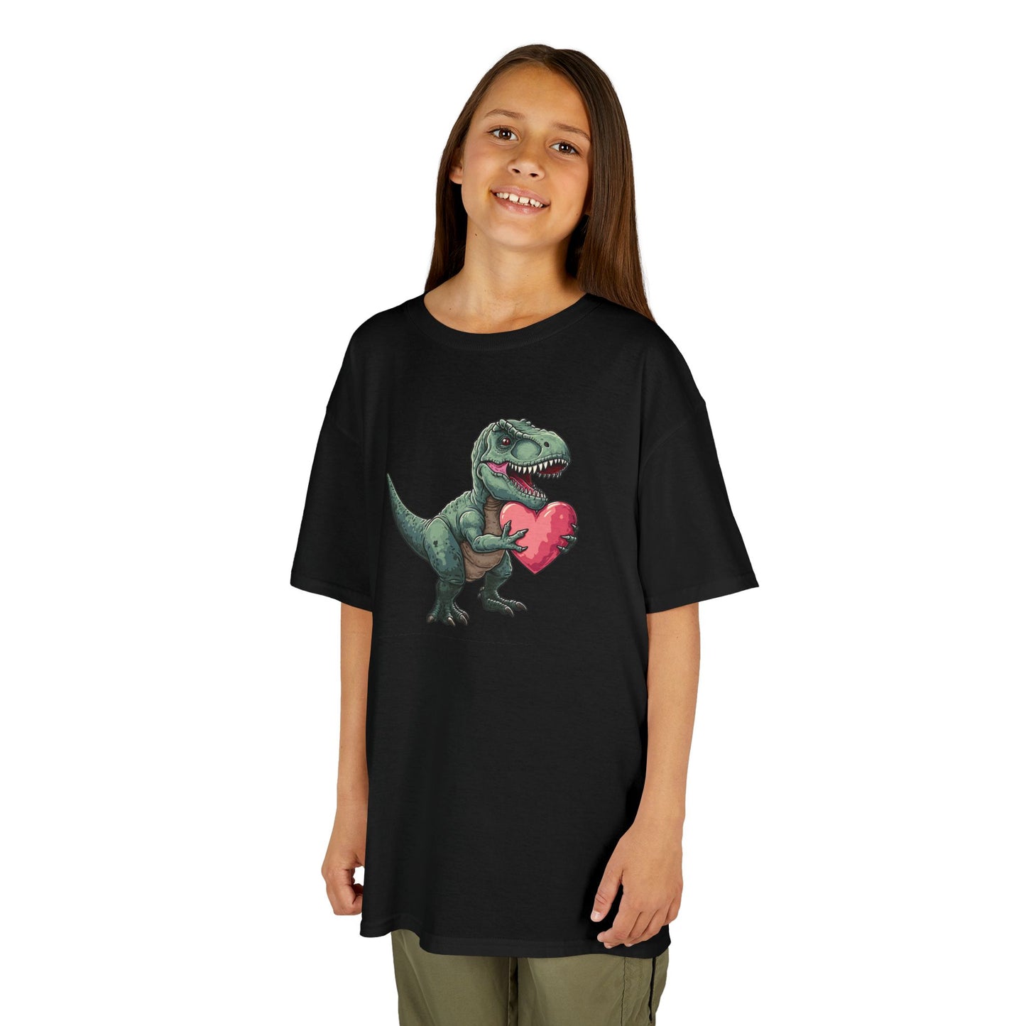 Girl wearing a black T-Rex Love kids T-shirt with a cartoon dinosaur holding a heart. Part of the Vivid Divergence Sensory Friendly Kids Shirts Range. The perfect T-shirt for sensory-sensitive kids and comes with a Sensory Satisfaction Promise.