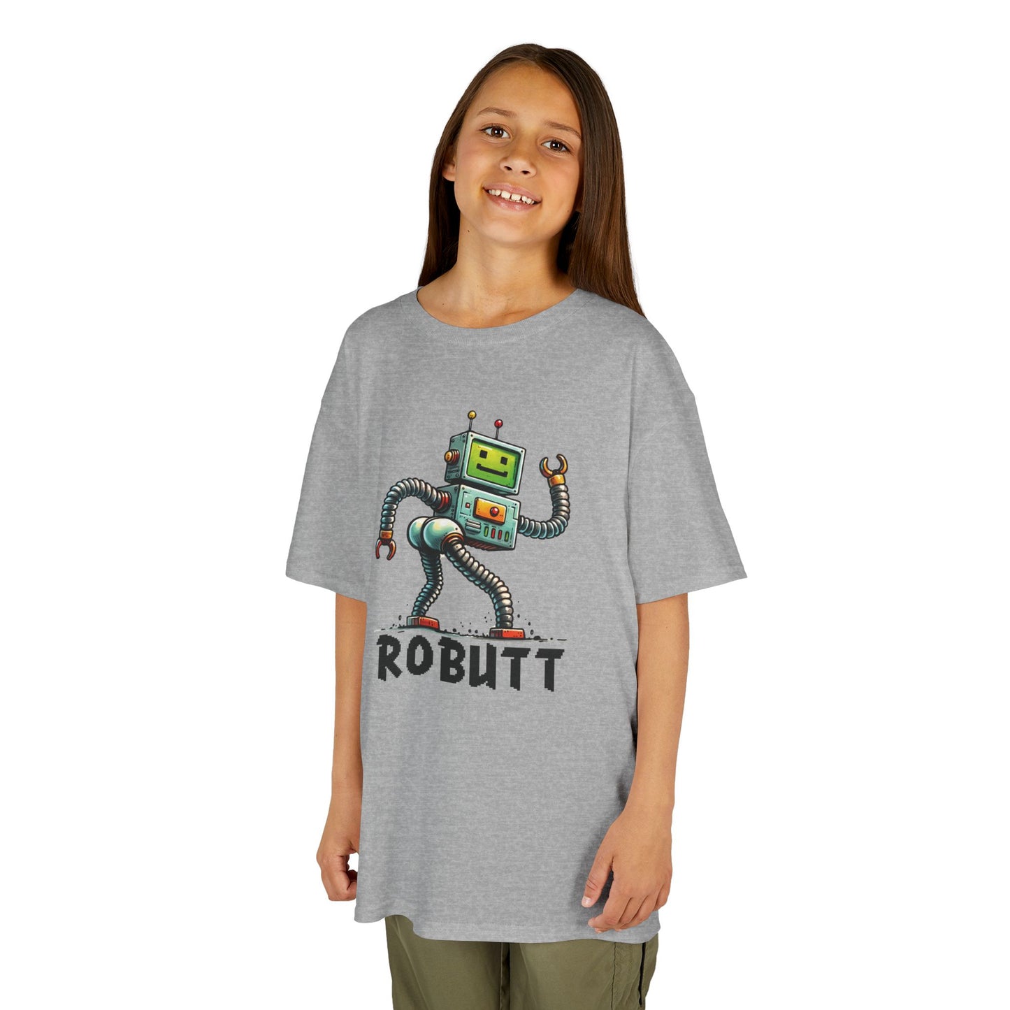 Girl wearing a gray "Robutt" robot shuffle kids T-shirt with a playful cartoon robot dancing. Part of the Vivid Divergence Sensory Friendly Kids Shirts Range. The perfect T-shirt for sensory-sensitive kids and comes with a Sensory Satisfaction Promise.