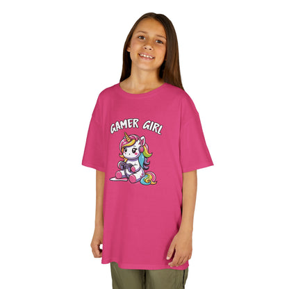 Girl wearing a hot pink "Gamer Girl" unicorn kids T-shirt with a unicorn holding gaming gear. Part of the Vivid Divergence Sensory Friendly Kids Shirts Range. The perfect T-shirt for sensory-sensitive kids and comes with a Sensory Satisfaction Promise.