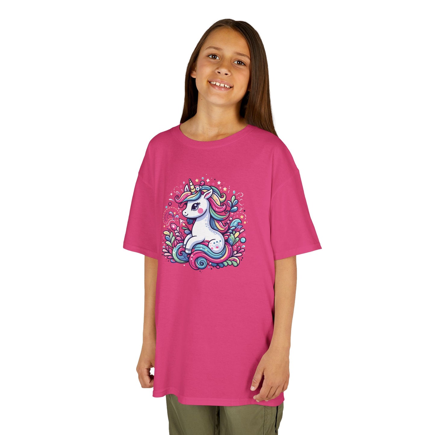 Girl wearing a hot pink "Unicorn Vibes" kids T-shirt with a colorful, whimsical unicorn design. Part of the Vivid Divergence Sensory Friendly Kids Shirts Range. The perfect T-shirt for sensory-sensitive kids and comes with a Sensory Satisfaction Promise.