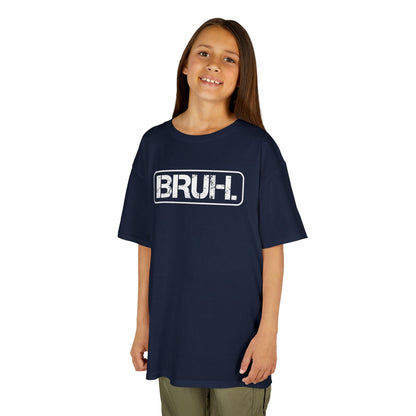 Girl wearing a navy blue "Bruh" meme kids T-shirt with bold white text in a rectangular box. Part of the Vivid Divergence Sensory Friendly Kids Shirts Range. The perfect T-shirt for sensory-sensitive kids and comes with a Sensory Satisfaction Promise.