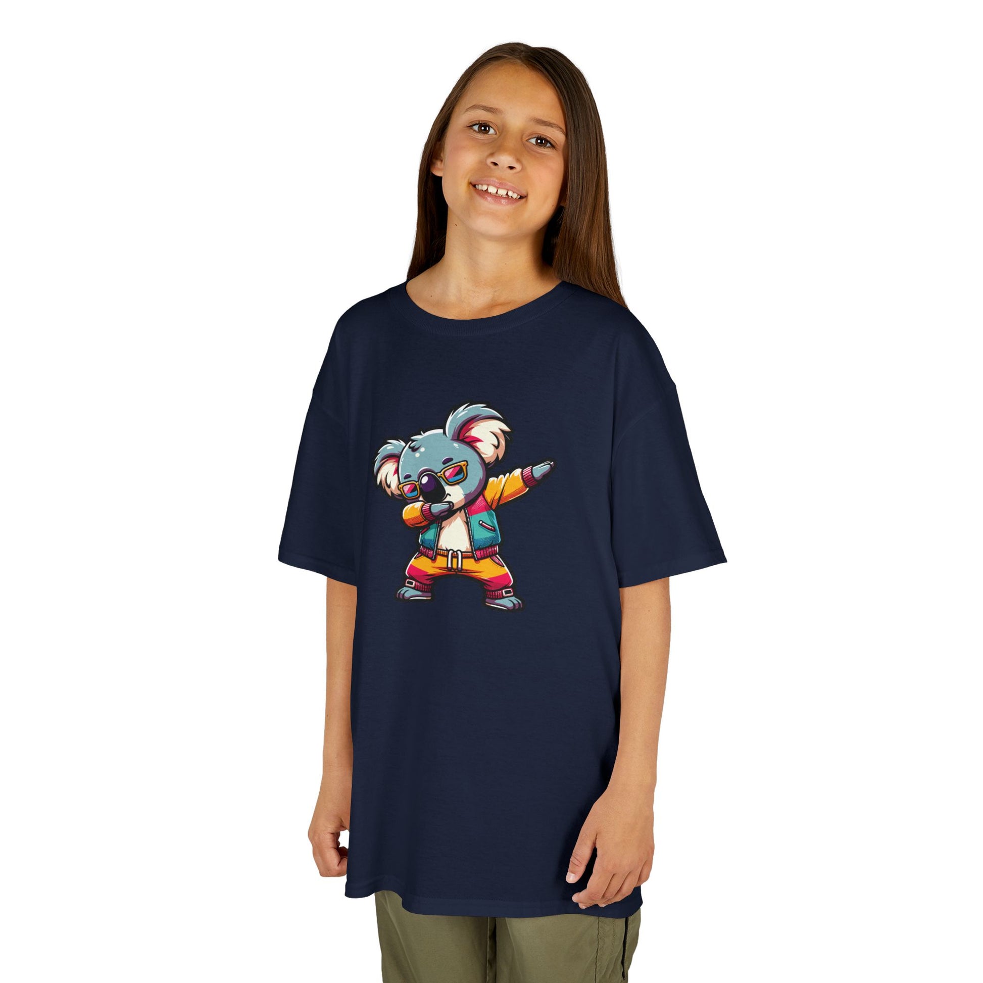 Girl wearing a navy blue "Dabbing Koala" kids T-shirt with a cartoon koala in a dabbing pose. Part of the Vivid Divergence Sensory Friendly Kids Shirts Range. The perfect T-shirt for sensory-sensitive kids and comes with a Sensory Satisfaction Promise.