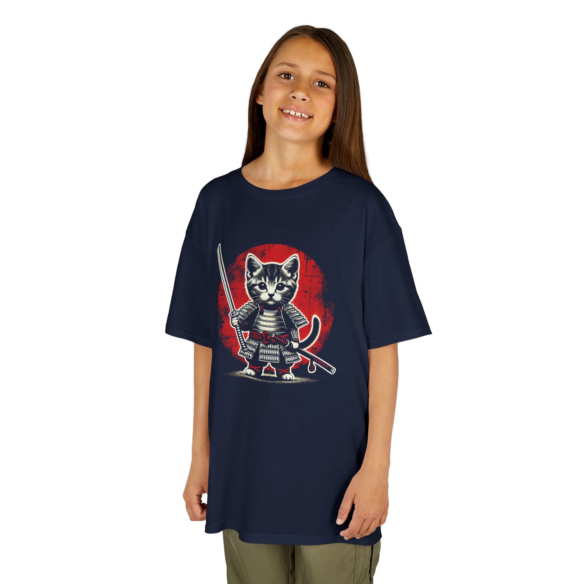 Girl wearing a navy blue "Samurai Cat Warrior" kids T-shirt with a fierce cartoon cat dressed in samurai armor with a sword. Part of the Vivid Divergence Sensory Friendly Kids Shirts Range. The perfect T-shirt for sensory-sensitive kids and comes with a Sensory Satisfaction Promise.