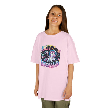 Girl wearing a pink "Out of This World" space unicorn kids T-shirt with a colorful unicorn floating in space. Part of the Vivid Divergence Sensory Friendly Kids Shirts Range. The perfect T-shirt for sensory-sensitive kids and comes with a Sensory Satisfaction Promise.