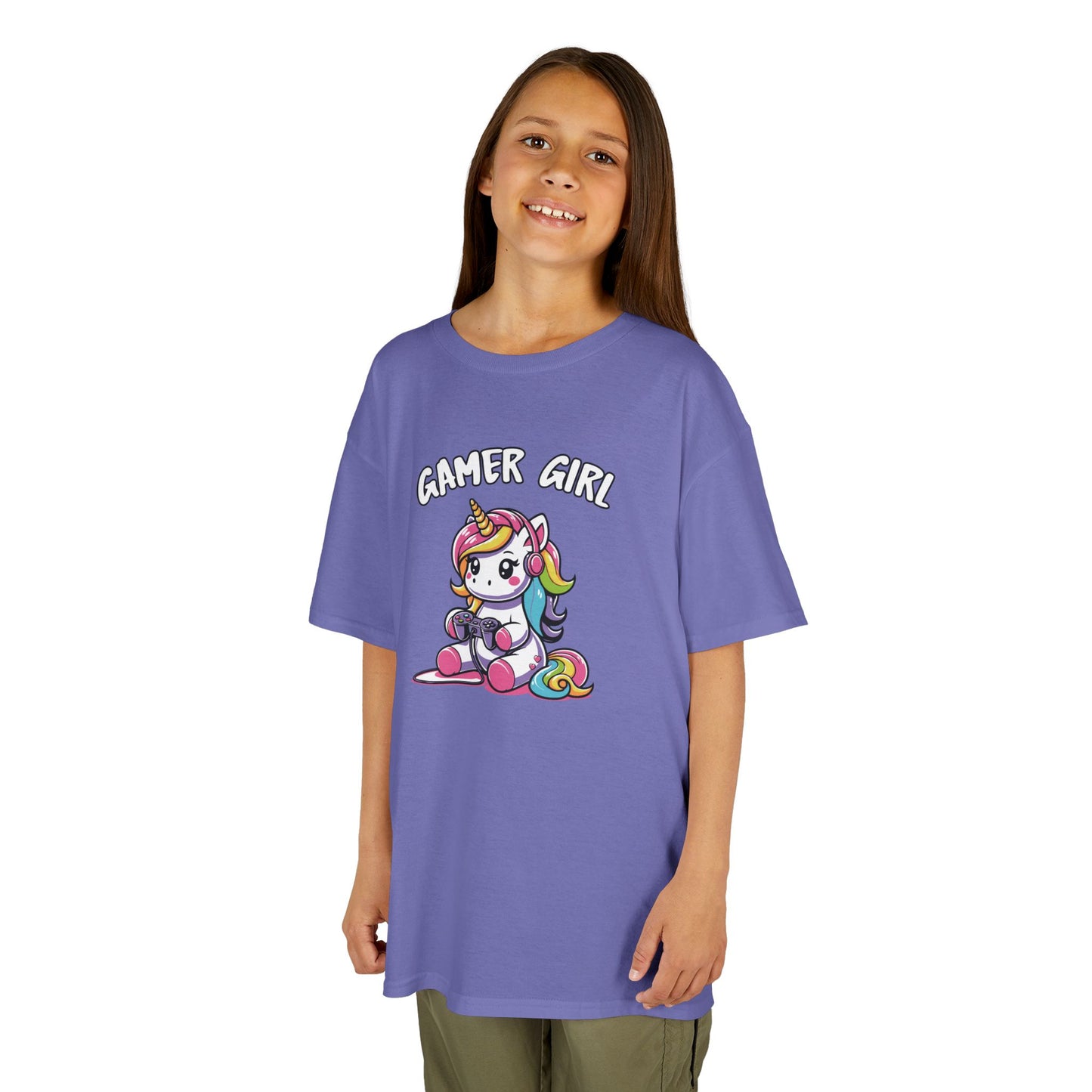 Girl wearing a purple "Gamer Girl" unicorn kids T-shirt with a unicorn holding gaming gear. Part of the Vivid Divergence Sensory Friendly Kids Shirts Range. The perfect T-shirt for sensory-sensitive kids and comes with a Sensory Satisfaction Promise.