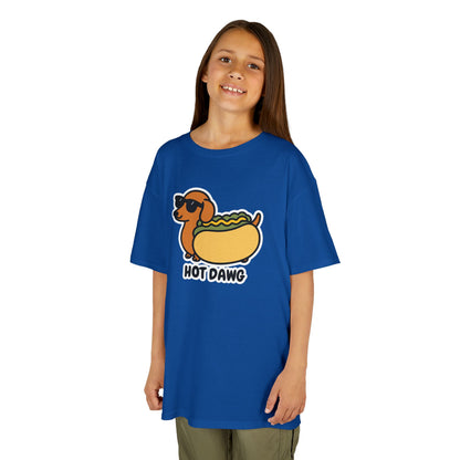 Girl wearing a royal blue "Hot Dawg" kids T-shirt with a cartoon dachshund in a hot dog bun. Part of the Vivid Divergence Sensory Friendly Kids Shirts Range. The perfect T-shirt for sensory-sensitive kids and comes with a Sensory Satisfaction Promise.