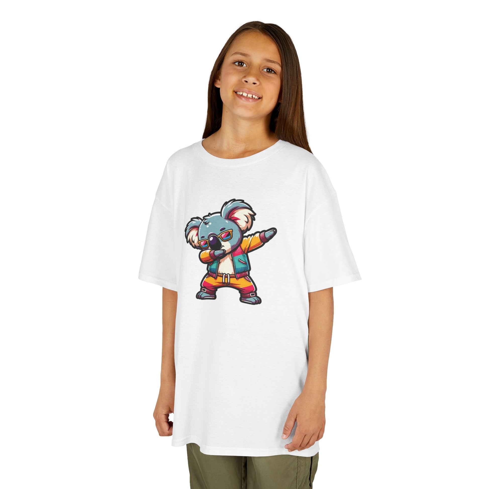 Girl wearing a white "Dabbing Koala" kids T-shirt with a cartoon koala in a dabbing pose. Part of the Vivid Divergence Sensory Friendly Kids Shirts Range. The perfect T-shirt for sensory-sensitive kids and comes with a Sensory Satisfaction Promise.
