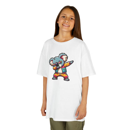 Girl wearing a white "Dabbing Koala" kids T-shirt with a cartoon koala in a dabbing pose. Part of the Vivid Divergence Sensory Friendly Kids Shirts Range. The perfect T-shirt for sensory-sensitive kids and comes with a Sensory Satisfaction Promise.