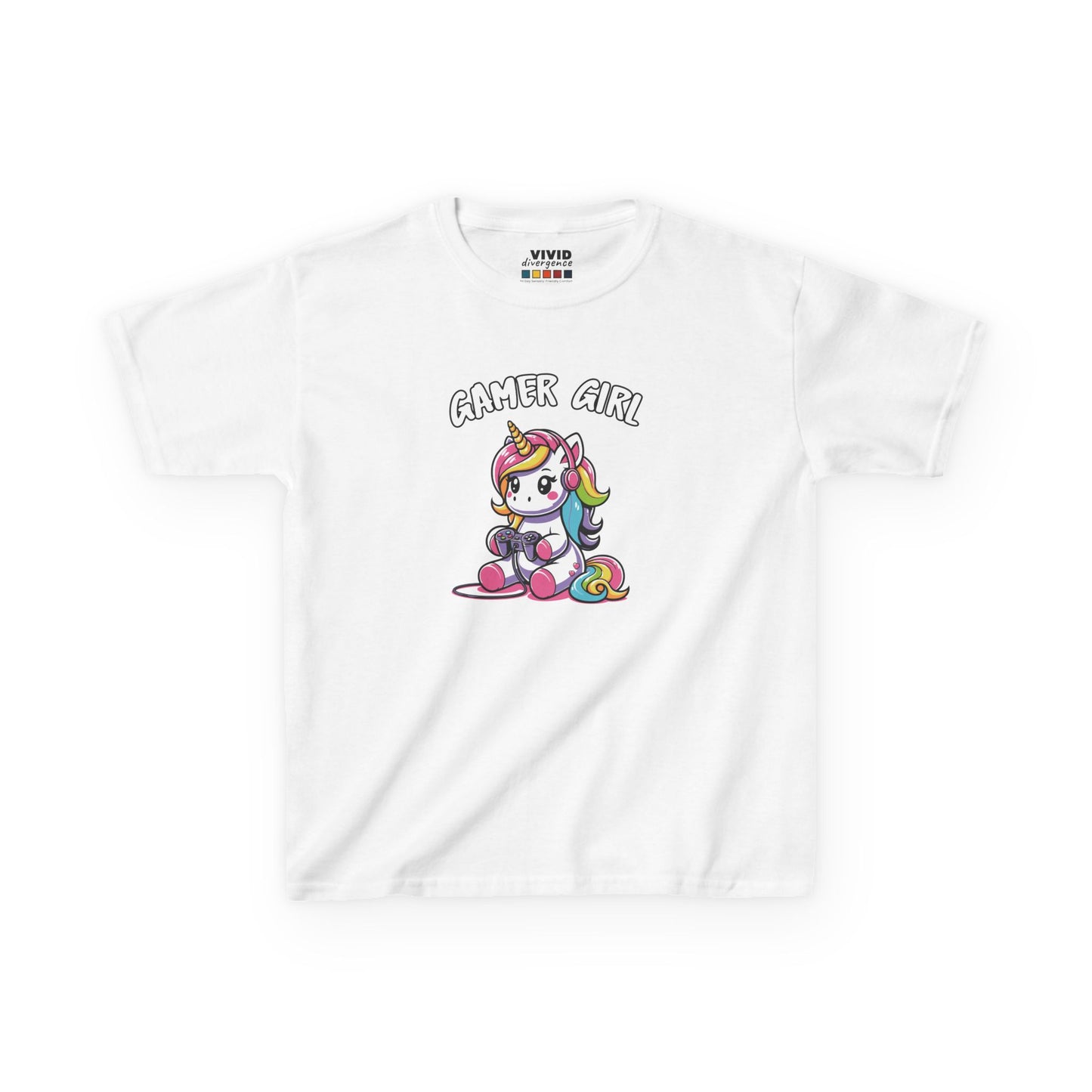 Girl wearing a white "Gamer Girl" unicorn kids T-shirt with a unicorn holding gaming gear. Part of the Vivid Divergence Sensory Friendly Kids Shirts Range. The perfect T-shirt for sensory-sensitive kids and comes with a Sensory Satisfaction Promise.