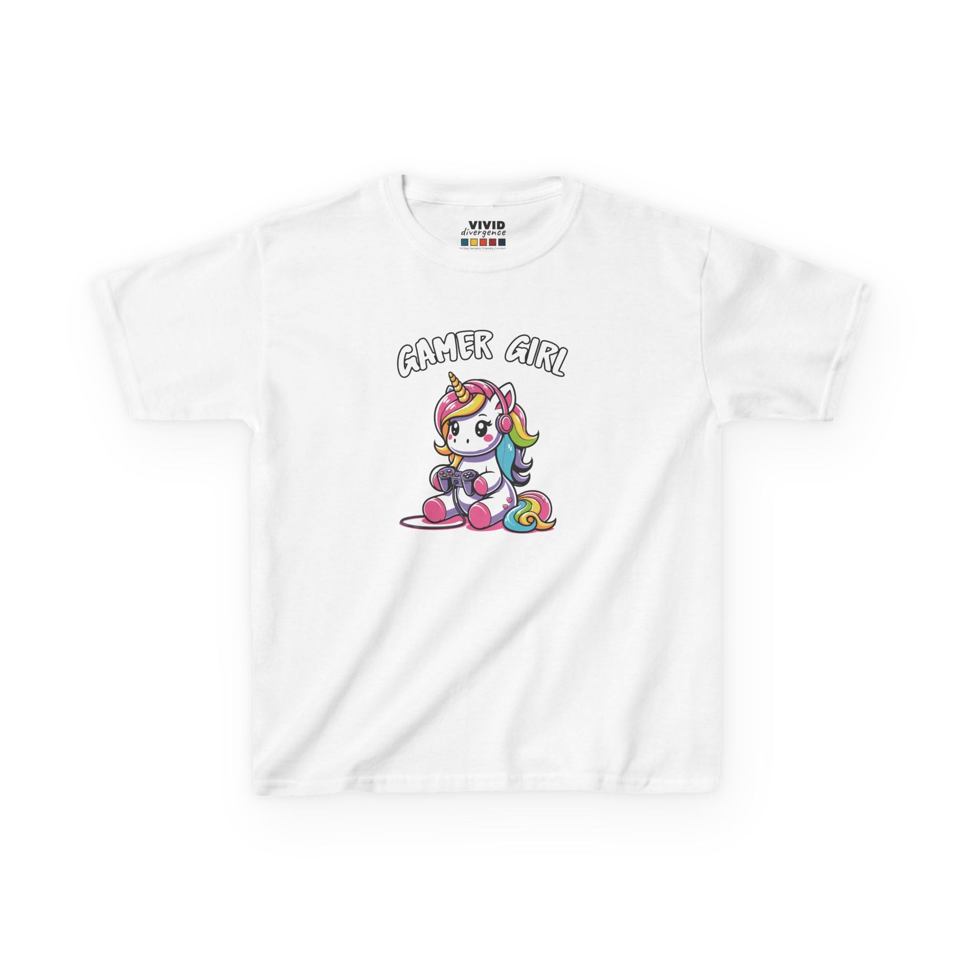 Girl wearing a white "Gamer Girl" unicorn kids T-shirt with a unicorn holding gaming gear. Part of the Vivid Divergence Sensory Friendly Kids Shirts Range. The perfect T-shirt for sensory-sensitive kids and comes with a Sensory Satisfaction Promise.