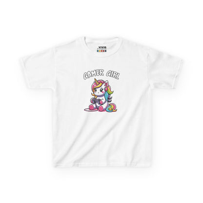 Girl wearing a white "Gamer Girl" unicorn kids T-shirt with a unicorn holding gaming gear. Part of the Vivid Divergence Sensory Friendly Kids Shirts Range. The perfect T-shirt for sensory-sensitive kids and comes with a Sensory Satisfaction Promise.