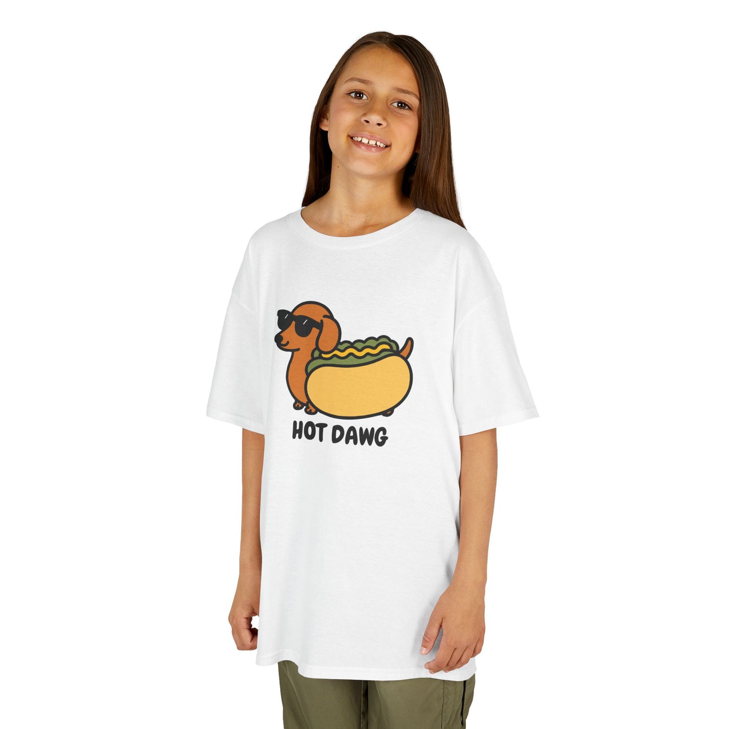 Girl wearing a white "Hot Dawg" kids T-shirt with a cartoon dachshund in a hot dog bun. Part of the Vivid Divergence Sensory Friendly Kids Shirts Range. The perfect T-shirt for sensory-sensitive kids and comes with a Sensory Satisfaction Promise.