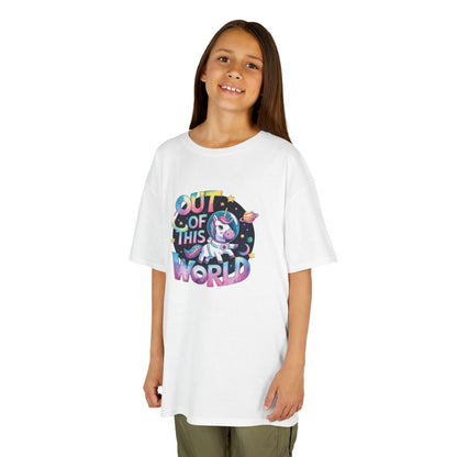 Girl wearing a white "Out of This World" space unicorn kids T-shirt with a colorful unicorn floating in space. Part of the Vivid Divergence Sensory Friendly Kids Shirts Range. The perfect T-shirt for sensory-sensitive kids and comes with a Sensory Satisfaction Promise.