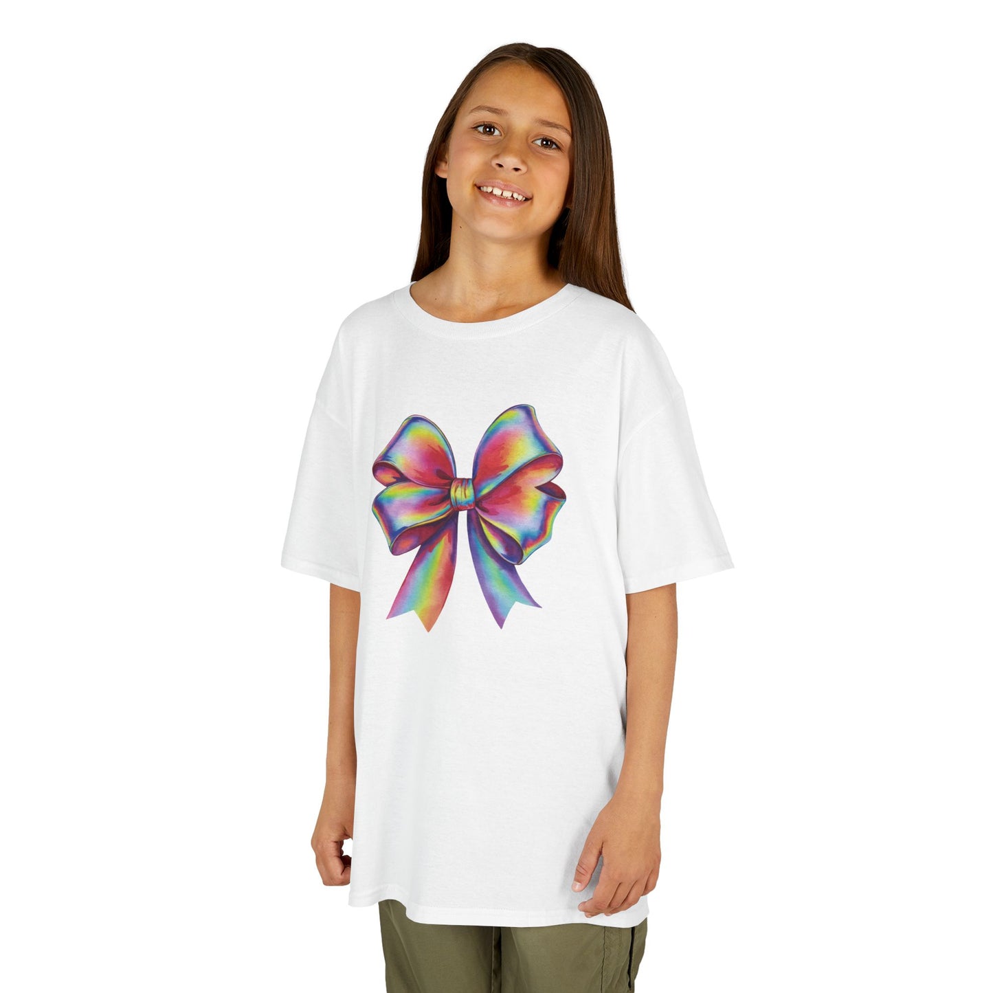 Girl wearing a white "Rainbow Holographic Bow" kids T-shirt with a colorful holographic bow graphic. Part of the Vivid Divergence Sensory Friendly Kids Shirts Range. The perfect T-shirt for sensory-sensitive kids and comes with a Sensory Satisfaction Promise.