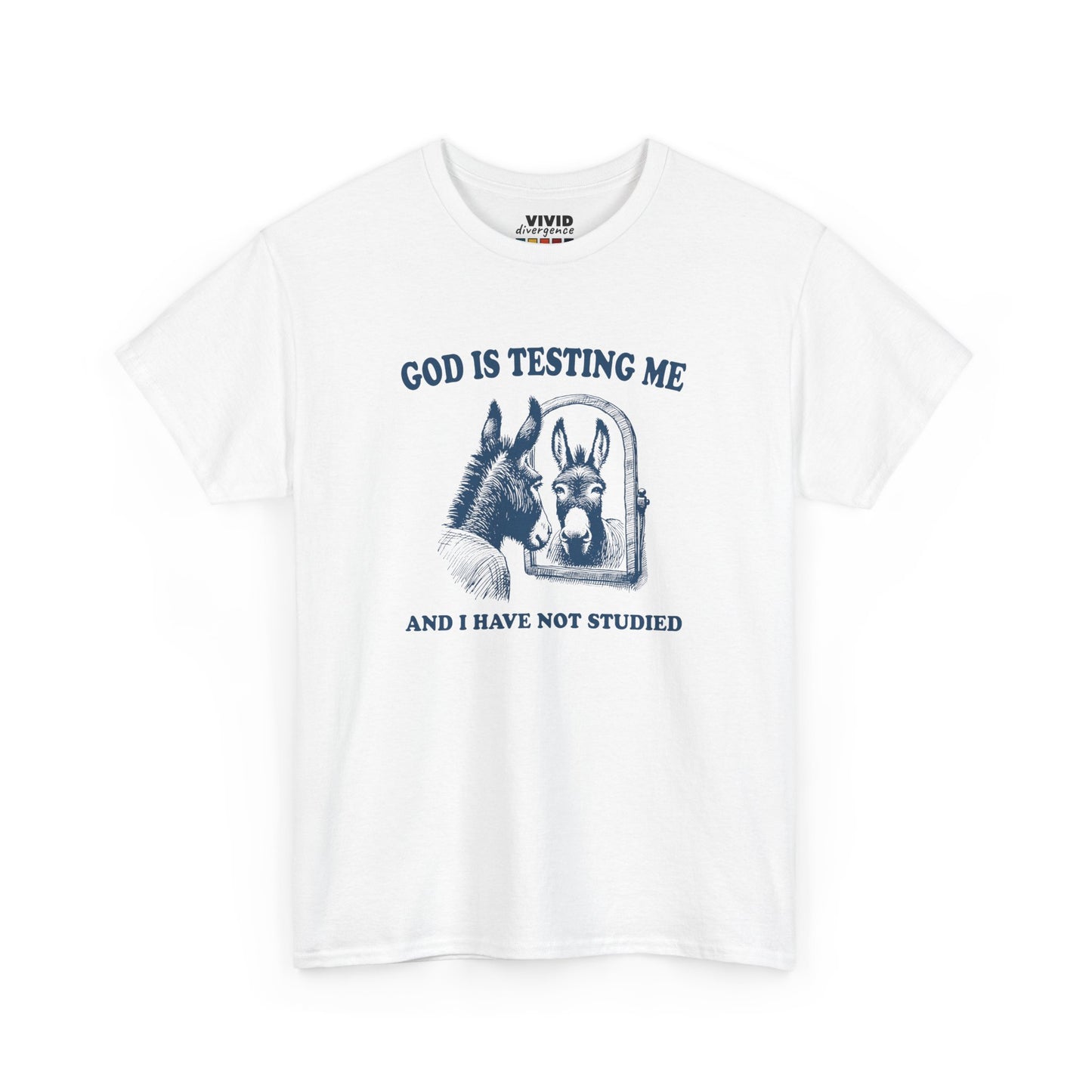 Front view of white T-shirt with vintage-style illustration of a distressed donkey and the phrase “God is testing me and I have not studied.” Divine pressure, zero preparation. Part of the Vivid Divergence Memewear Collection!