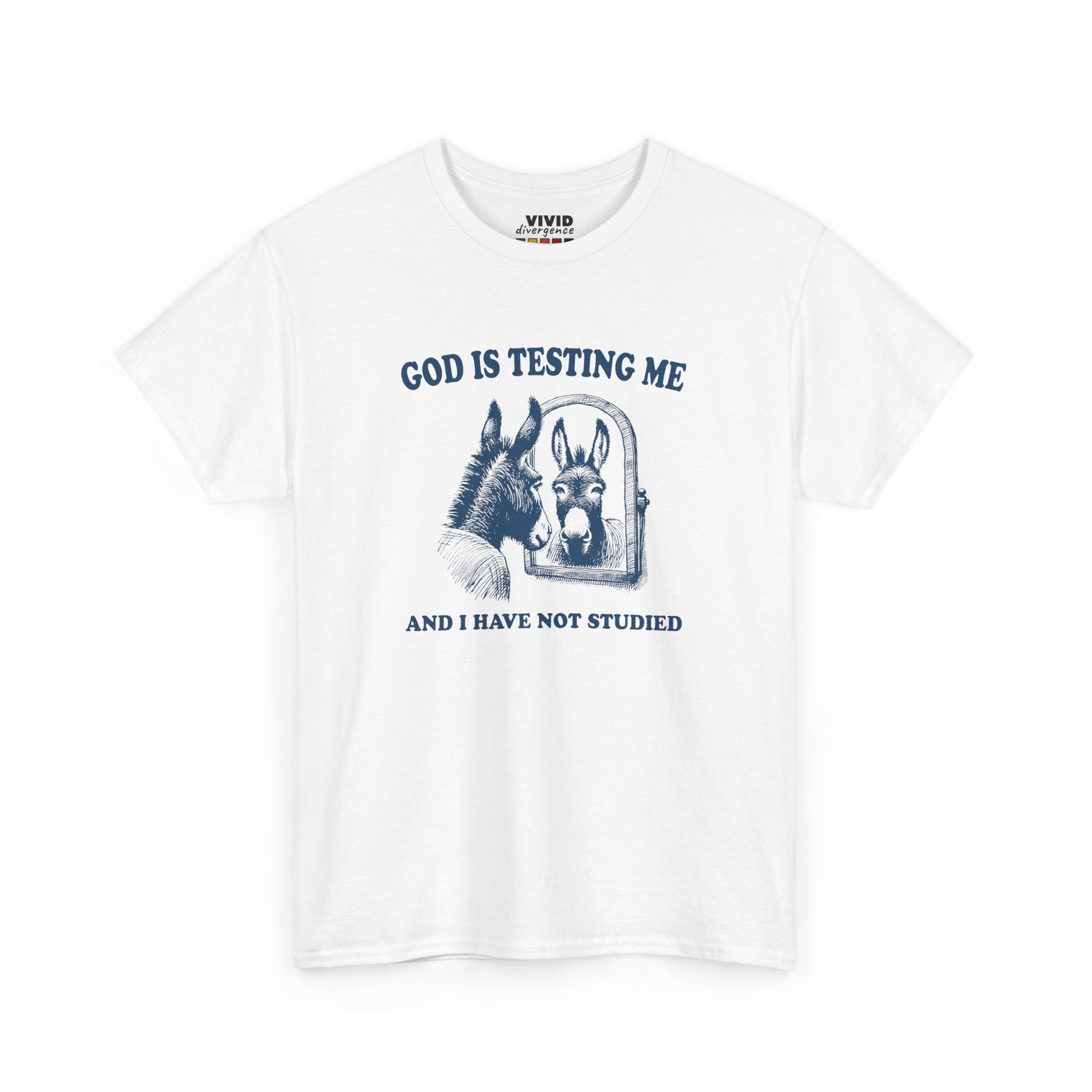 Front view of white T-shirt with vintage-style illustration of a distressed donkey and the phrase “God is testing me and I have not studied.” Divine pressure, zero preparation. Part of the Vivid Divergence Memewear Collection!