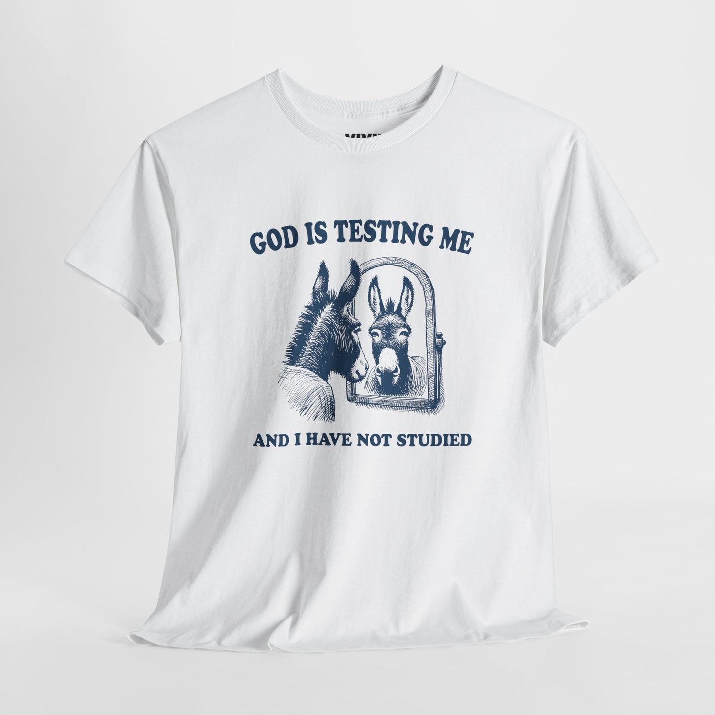 Hanging view of white T-shirt with vintage-style illustration of a distressed donkey and the phrase “God is testing me and I have not studied.” Divine pressure, zero preparation. Part of the Vivid Divergence Memewear Collection!