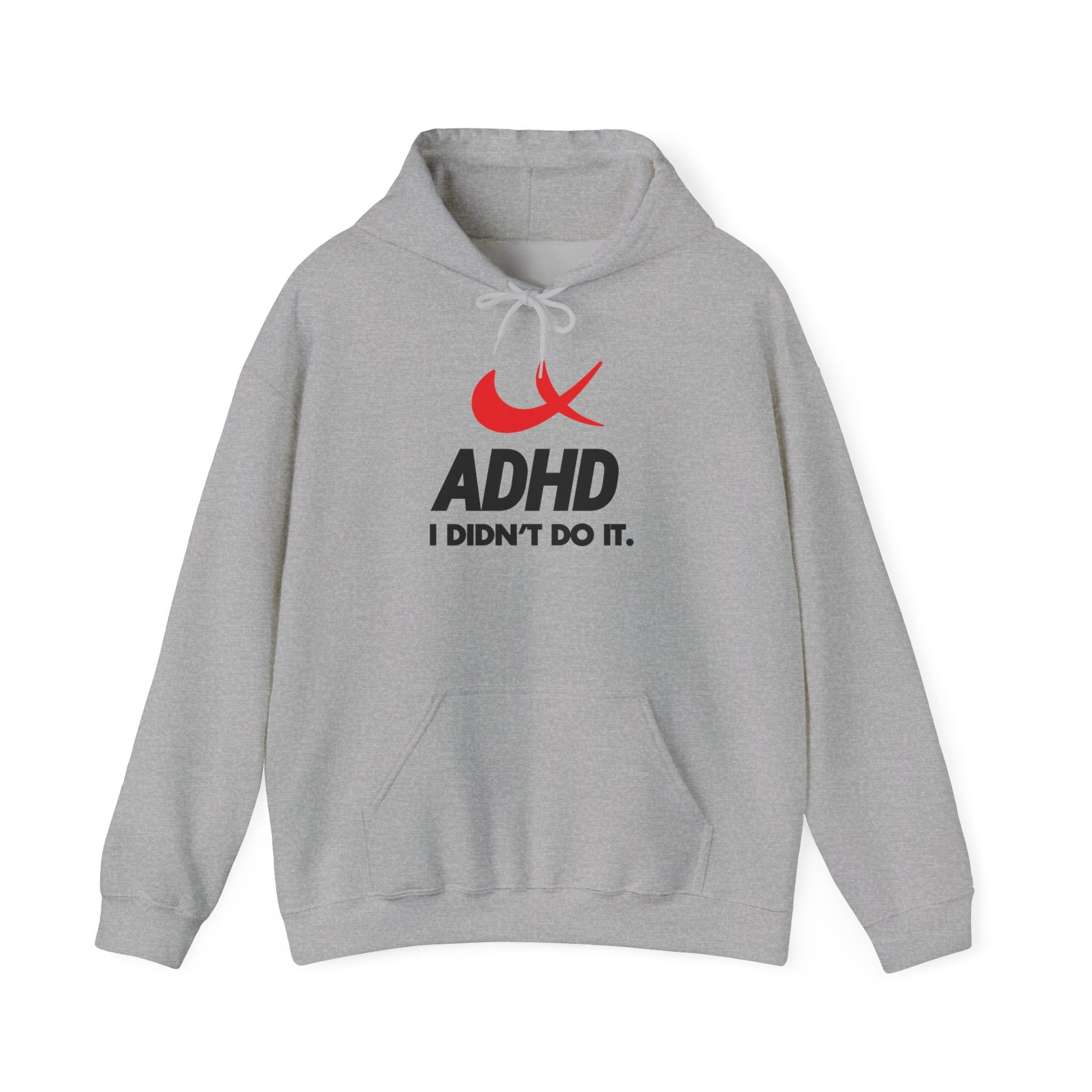 Front view of a gray hoodie with a Nike parody design featuring a red swoosh and the text "ADHD, I Didn’t Do It." Part of the Vivid Divergence Sensory Friendly Unisex Hoodie Range.