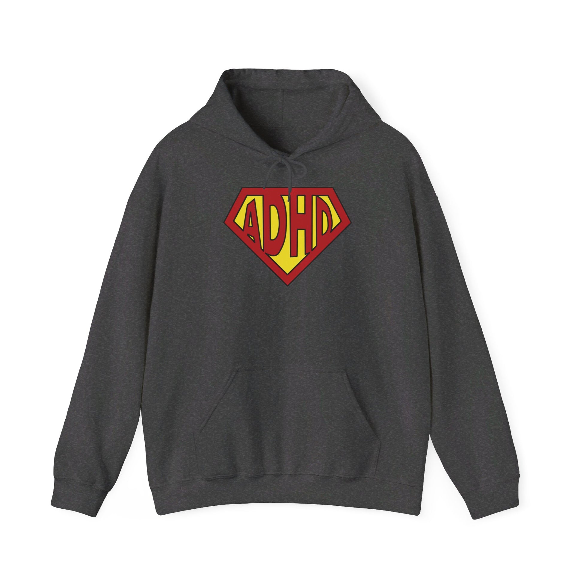 Front view of a gray hoodie featuring the text "ADHD" inside a Superman-style red and yellow shield design. Part of the Vivid Divergence Sensory Friendly Unisex Hoodie Range.