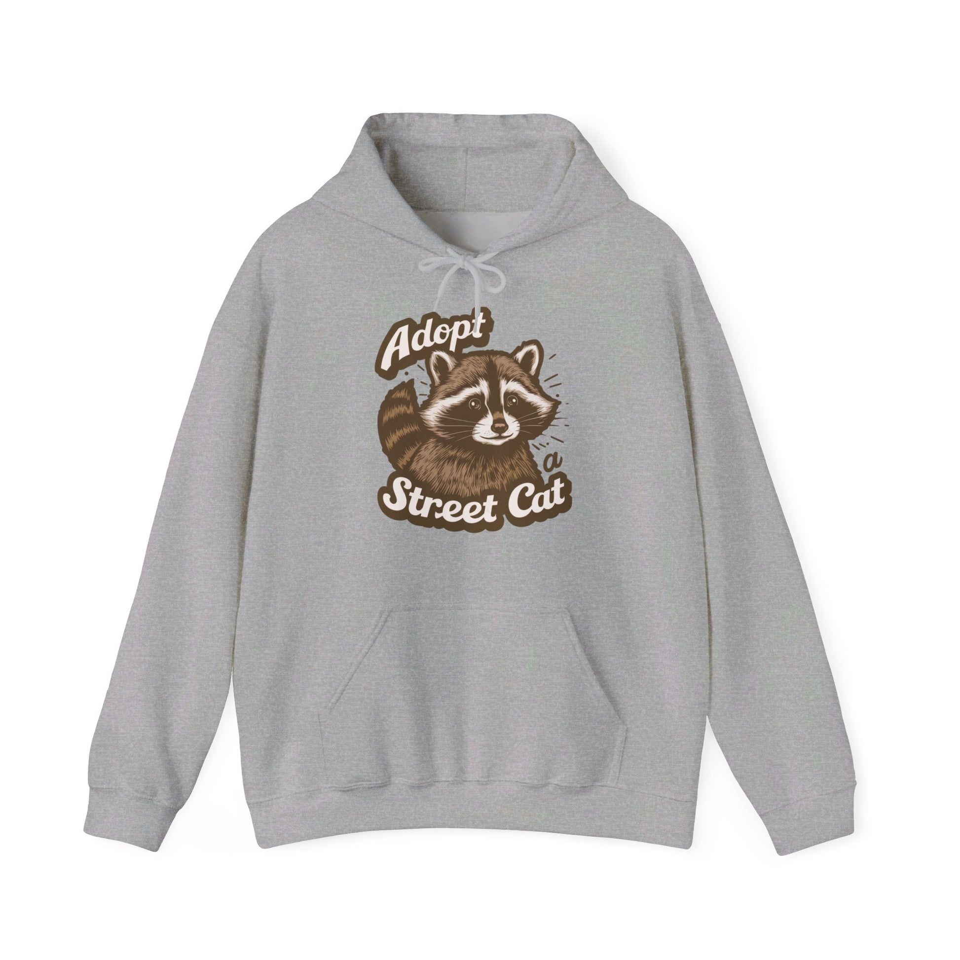 Front view of a gray hoodie with the text "Adopt a Street Cat" and a cartoon illustration of a raccoon holding a cup. Part of the Vivid Divergence Sensory Friendly Unisex Hoodie Range.