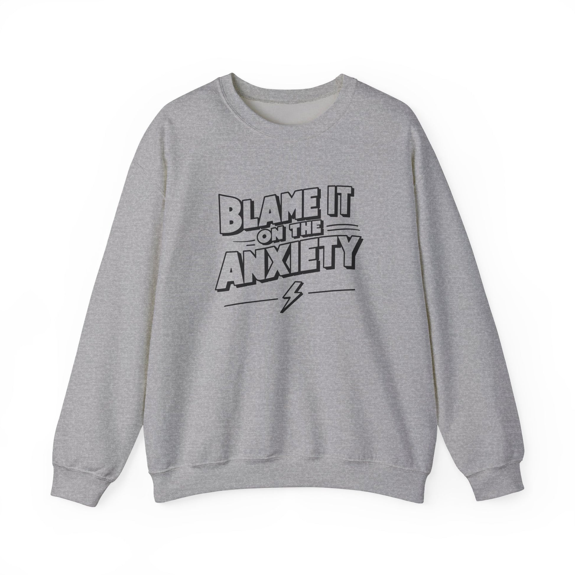 Front view of a gray sweatshirt featuring bold text that reads "Blame It on the Anxiety" with an underline. Part of the Vivid Divergence Sensory Friendly Unisex Sweater Jumper Range.