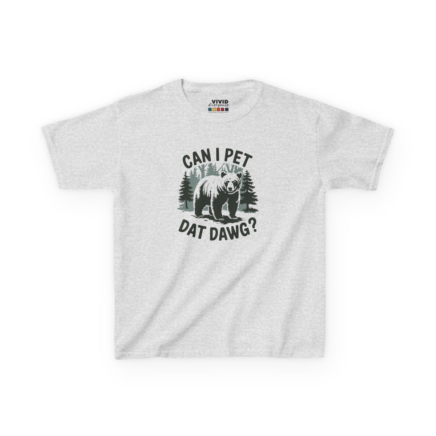 Front view of a gray "Can I Pet Dat Dawg" meme kids T-shirt featuring a playful dog graphic. Part of the Vivid Divergence Sensory Friendly Kids Shirts Range. The perfect T-shirt for sensory-sensitive kids and comes with a Sensory Satisfaction Promise.